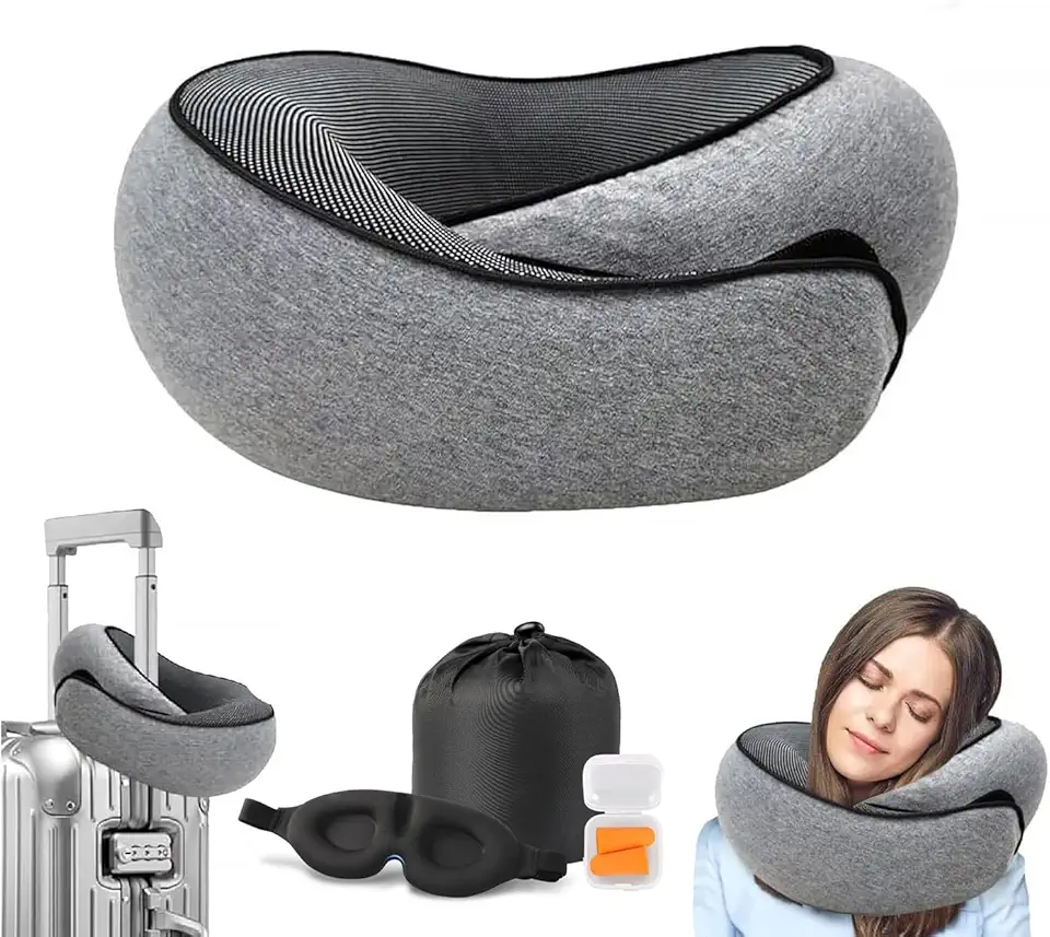 Travesseiro de Viagem, 360° Ajustável, Ergonômico, Suporte Duplo para Cabeça e Pescoço, Espuma de Memóri, Portátil Versátil- Inclui Sacol, Máscara de Dormir e Protetor Auricular Ideal para Viagens