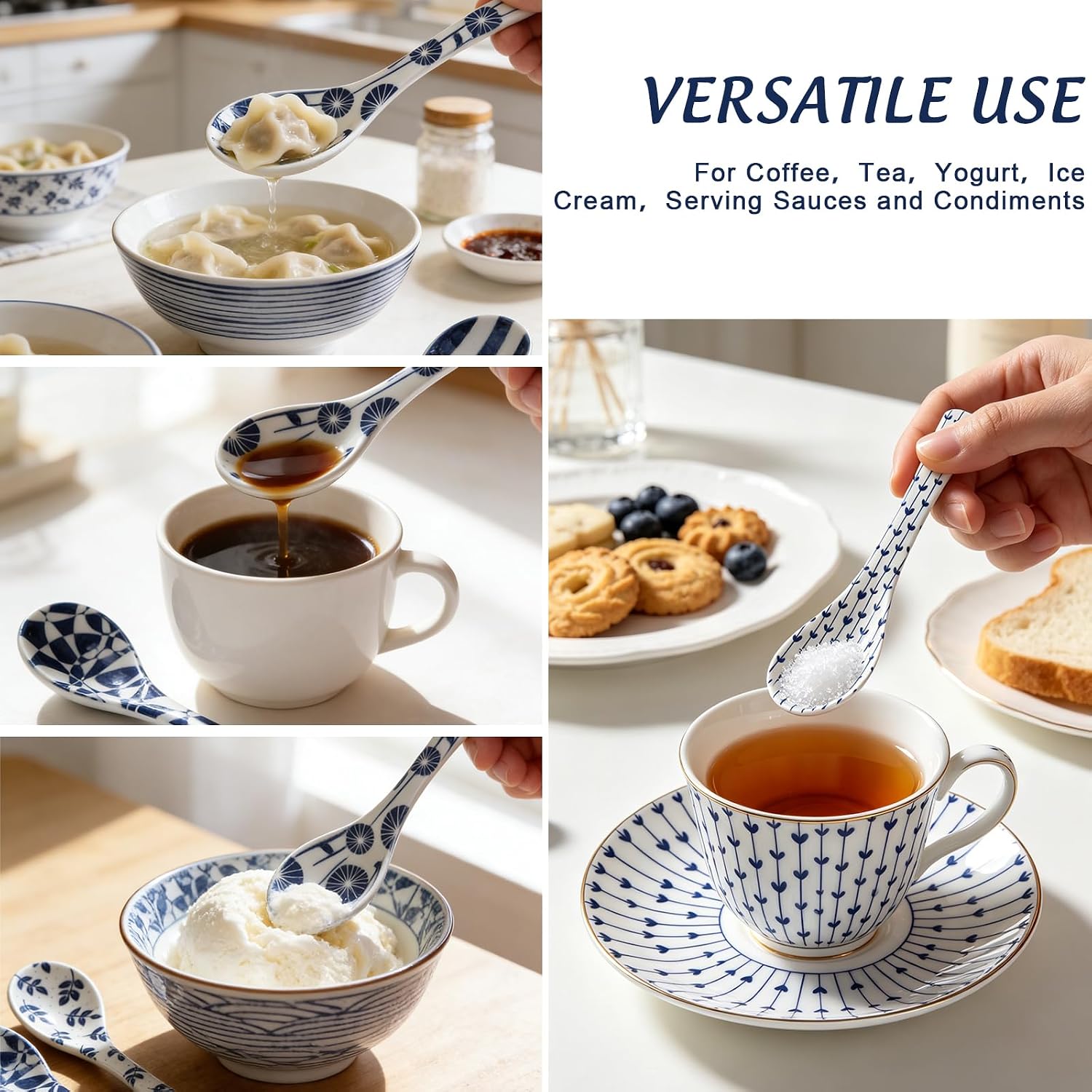 JarThenaAMCS Ceramic Coffee Spoons 5.8'' Teaspoons for Espresso Vintage Blue Floral Stripe Small Serving Spoons for Stirring Tea Soup Dessert Ice Cream, Dishwasher & Microwave Safe, 6Pcs