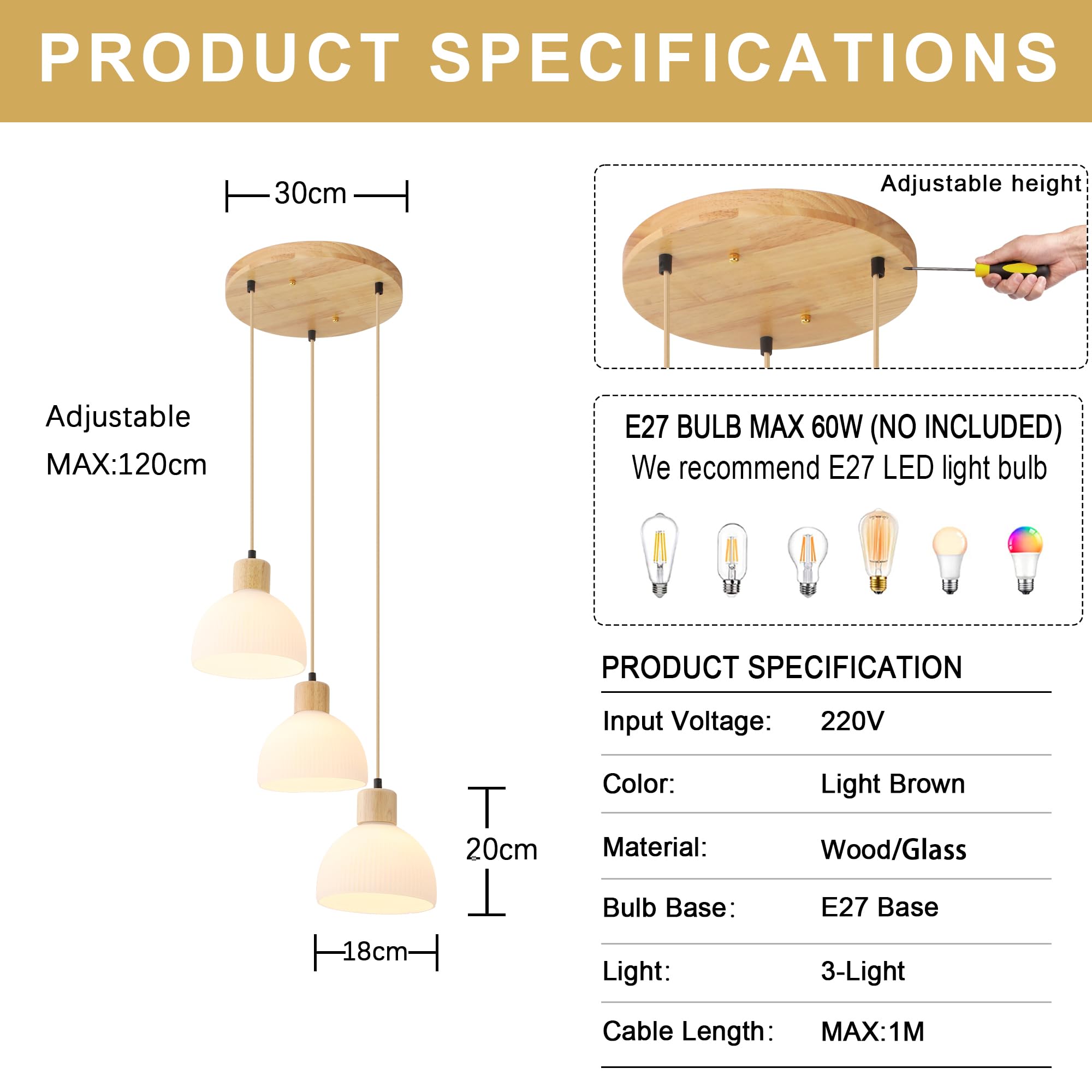 Lampara Colgante Techo Para Cocina,Madera Y Vidrio Blanco Lampara Techo 3 Luces E27 Altura Ajustable Decoracion Lamparas Para Comedor Salon Dormitorio