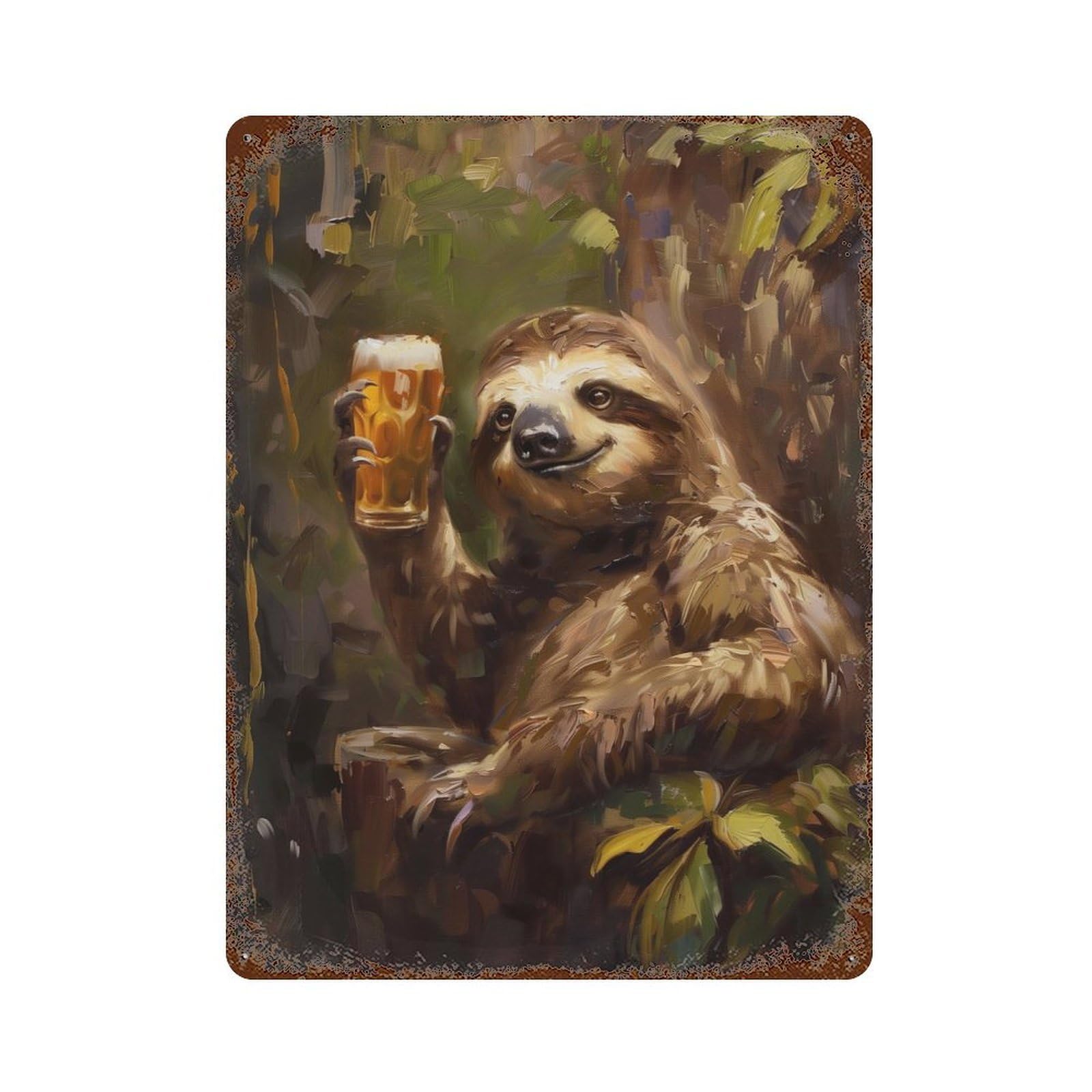 Garage Style Beer Drinking Sloth Weathered Tin Sign 15.7"x11.8", Classic Wall Plaque for Bar And Workshop