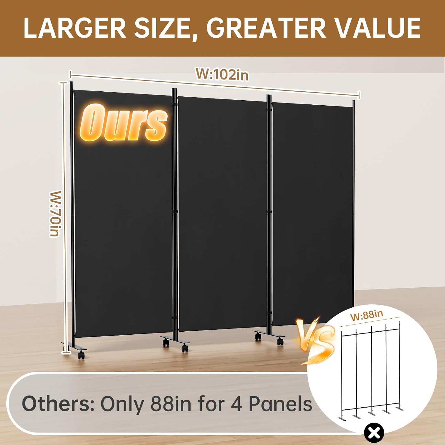 Room Divider 102'' Wide Folding Room Divider Panel with Wheels, 3 Panel Wall Divider for Room Separation, (Upgraded Metal Base) Portable Room Privacy Screen for Space Separator Partition Room Dividers