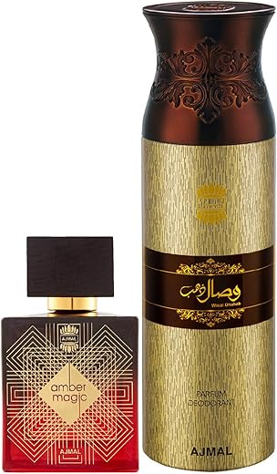 Ajmal Amber Magic EDP Spicy Aromatic Perfume 100ml for Men and Wisal Dhahab Deodorant Fruity Floral Fragrance 200ml for Men