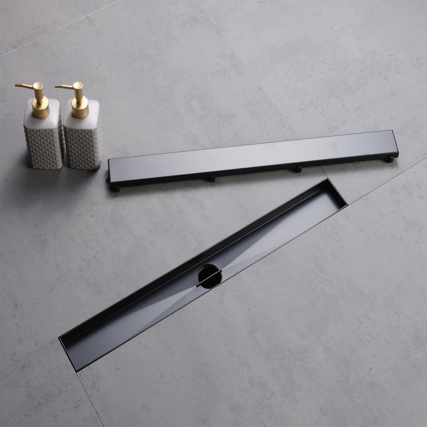 Linear Shower Drain with Tile-in Grate, Material Sus 304, Matt Black, 24in Rectangle Floor Drain, Shower Floor Drain with Levelling Foot, Hair Strainer, for Bathroom, Balcony