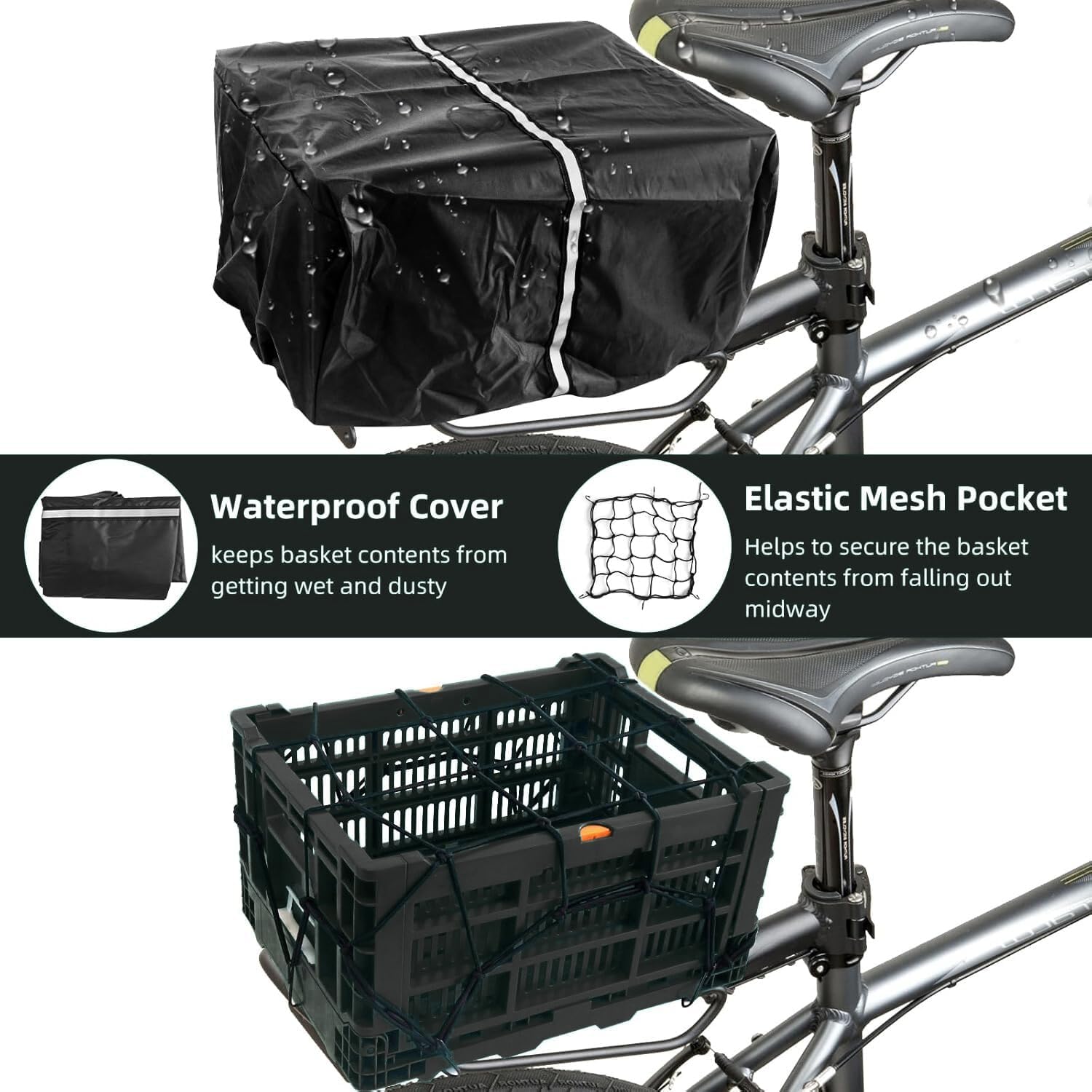 Bike Basket, Foldable 35L Large Capacity Rear Bike Basket, and Durable Bicycle Foldable Rear Basket, Equipped with Waterproof Cover, Fixed Mesh, and Reflective Stickers