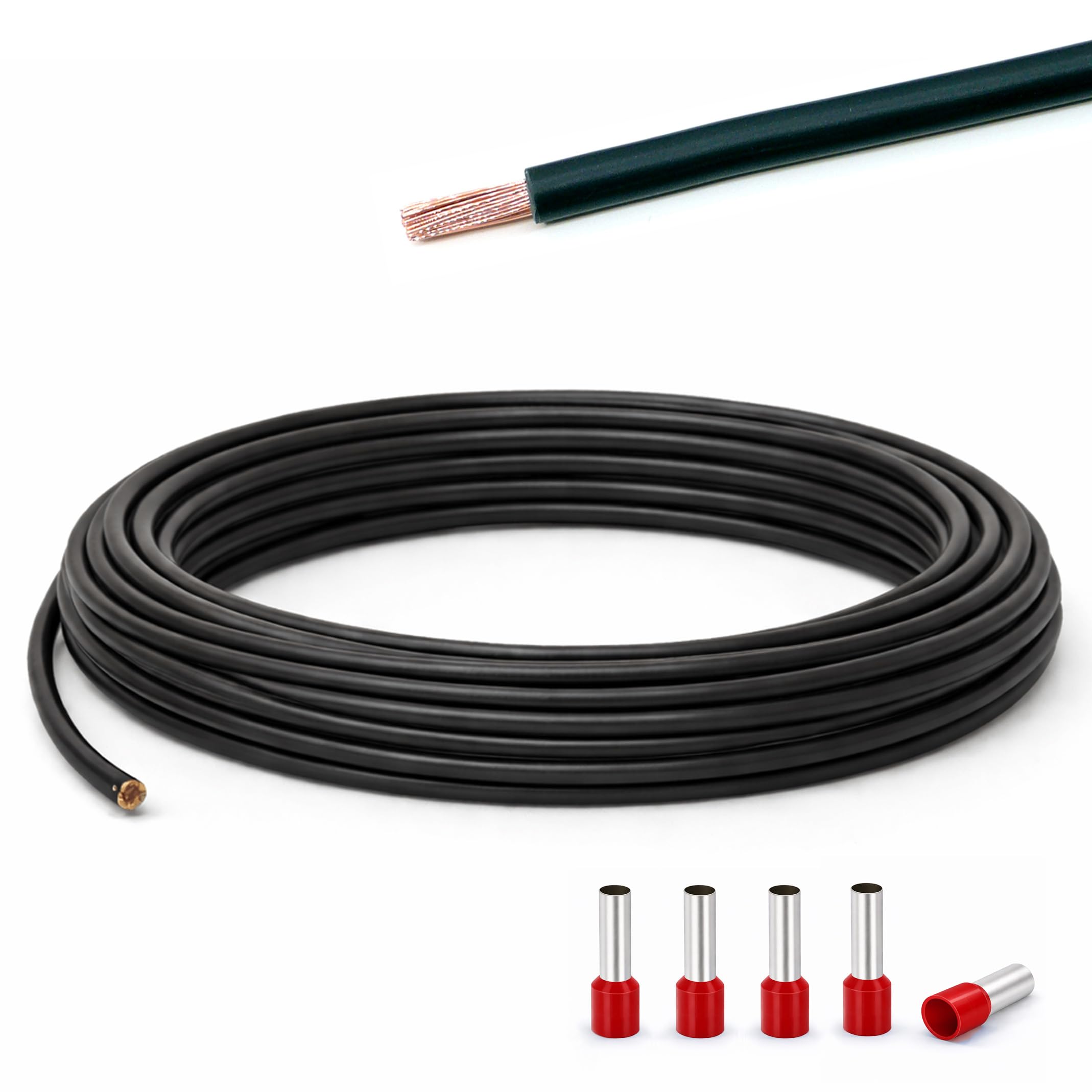 Verdrahtungsleitung 10mm² - schwarz, grau, braun, blau, grün/gelb - H07V-K PVC-Einzelader - Aderleitung feindrähtig flexibel (2-100m) inkl. 5 Aderendhülsen (schwarz, 15 Meter)