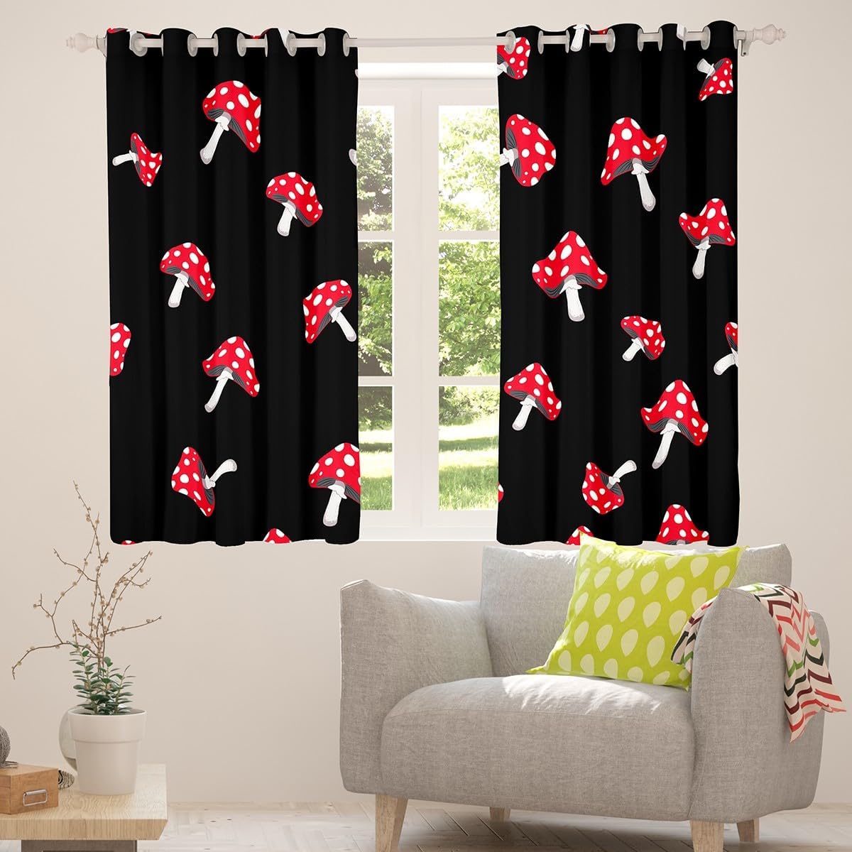 Cute Mushroom Blackout Curtains,White and Red Dots Geometric Kitchen Window Treatments,Kawaii Botanical Black Window Drapes for Home Decor, 2 Panels,42Wx63L inch