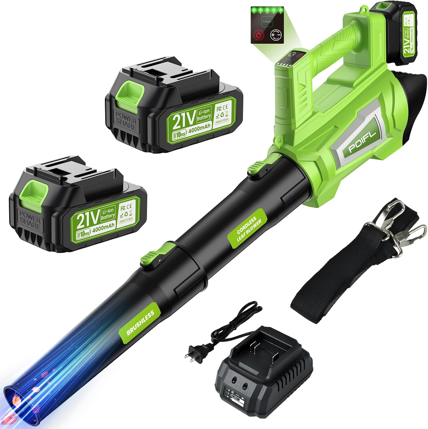 Leaf Blower Cordless, 21V Brushless Powerful Electric Leaf Blower with 2x4.0Ah Batteries and Fast Charger,6-Speed Modes,Shoulder Strap, Lightweight Leaf Blowers for Lawn Care,Blowing Leaves,Dust, Snow