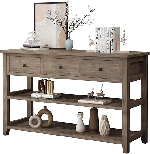 Miniatura 9 de VINGLI Mesa consola gris rústica con 3 cajones y 2 estantes, mesa consola de madera para entrada, mesa consola de granja con almacenamiento para