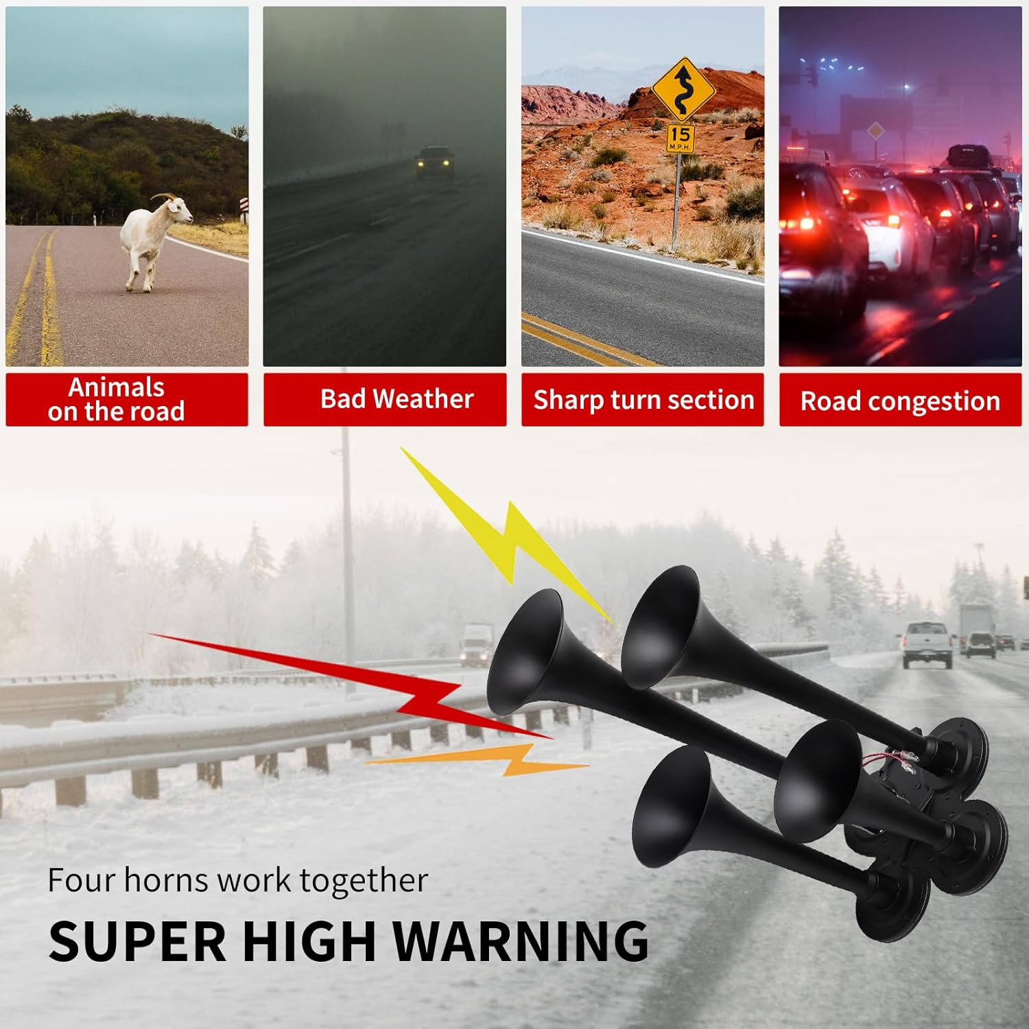 FARBIN 178DB 4 Trumpet Horns Train Horn Kit for Truck Super Loud Air horns with 150 PSI 12V Air Compressor Air Tank Can for Jeep SUV Train Metal Black(0.8 gal 12v black air horn kit)