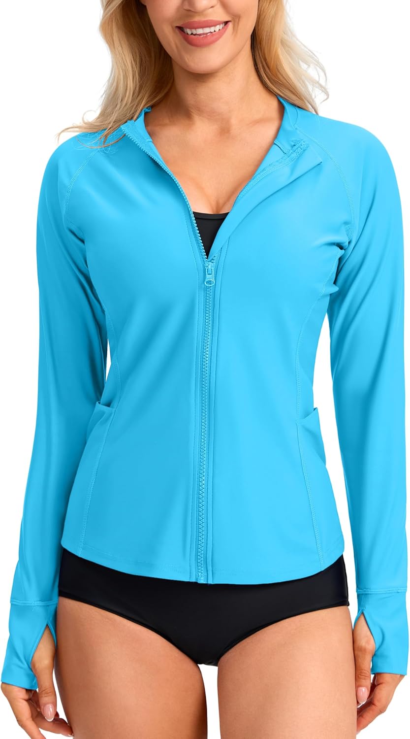 SANTINY Women's Rash Guard UPF50+ SPF UV Protection Long Sleeve Swimsuit Top with Pockets Zip Front Swim Shirts Woman