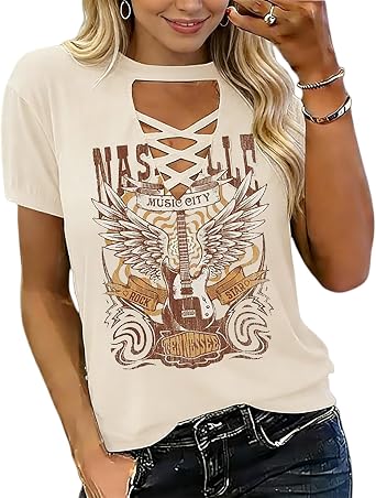Rock and Roll Shirt Women Casual Country Music Tshirt Classic Rock Concert Outfits Vintage Nashville Graphic Tee Top