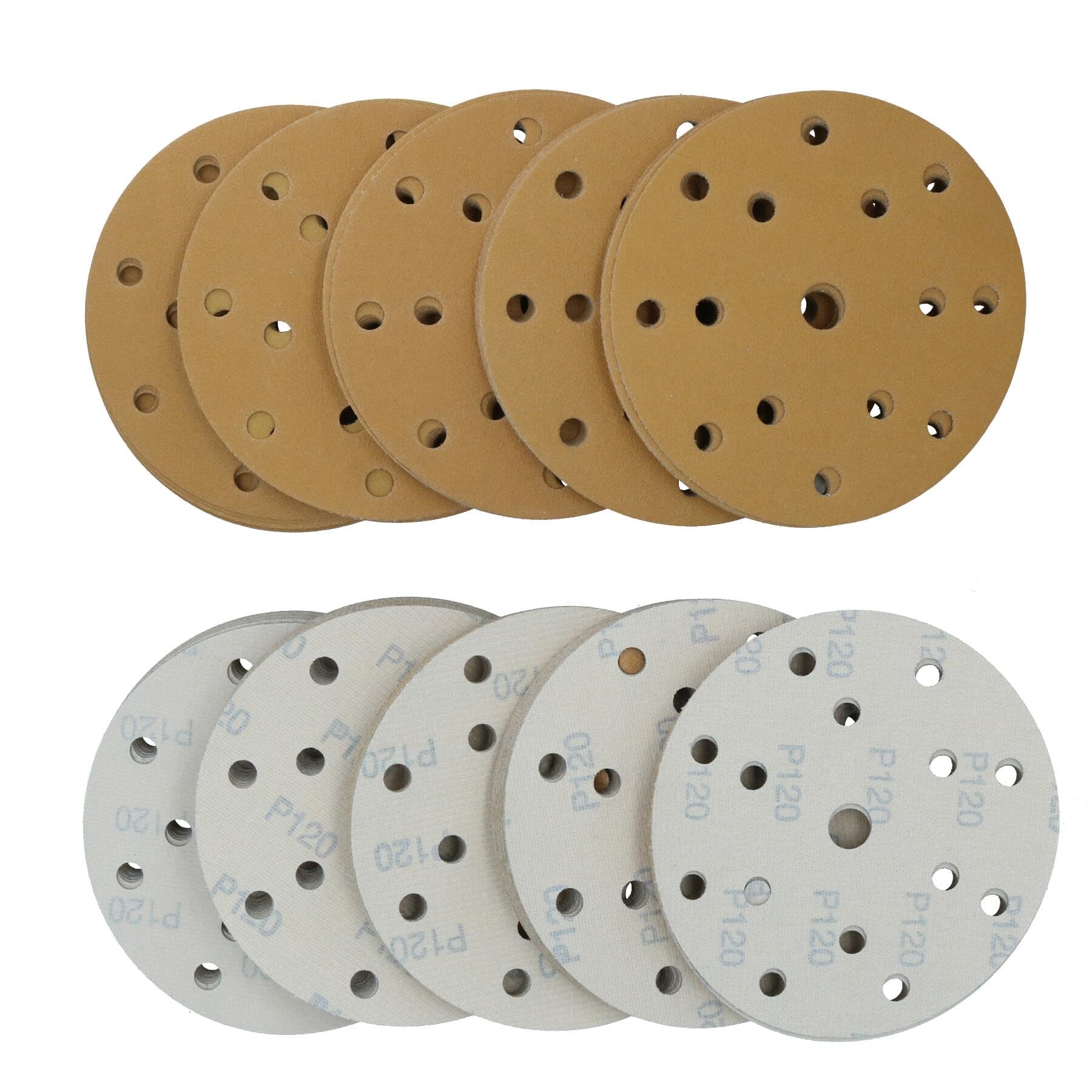 Discos de lijado de 150 mm, óxido de aluminio abrasivo, grano 120, gancho de 15 agujeros + bucle, 200 unidades