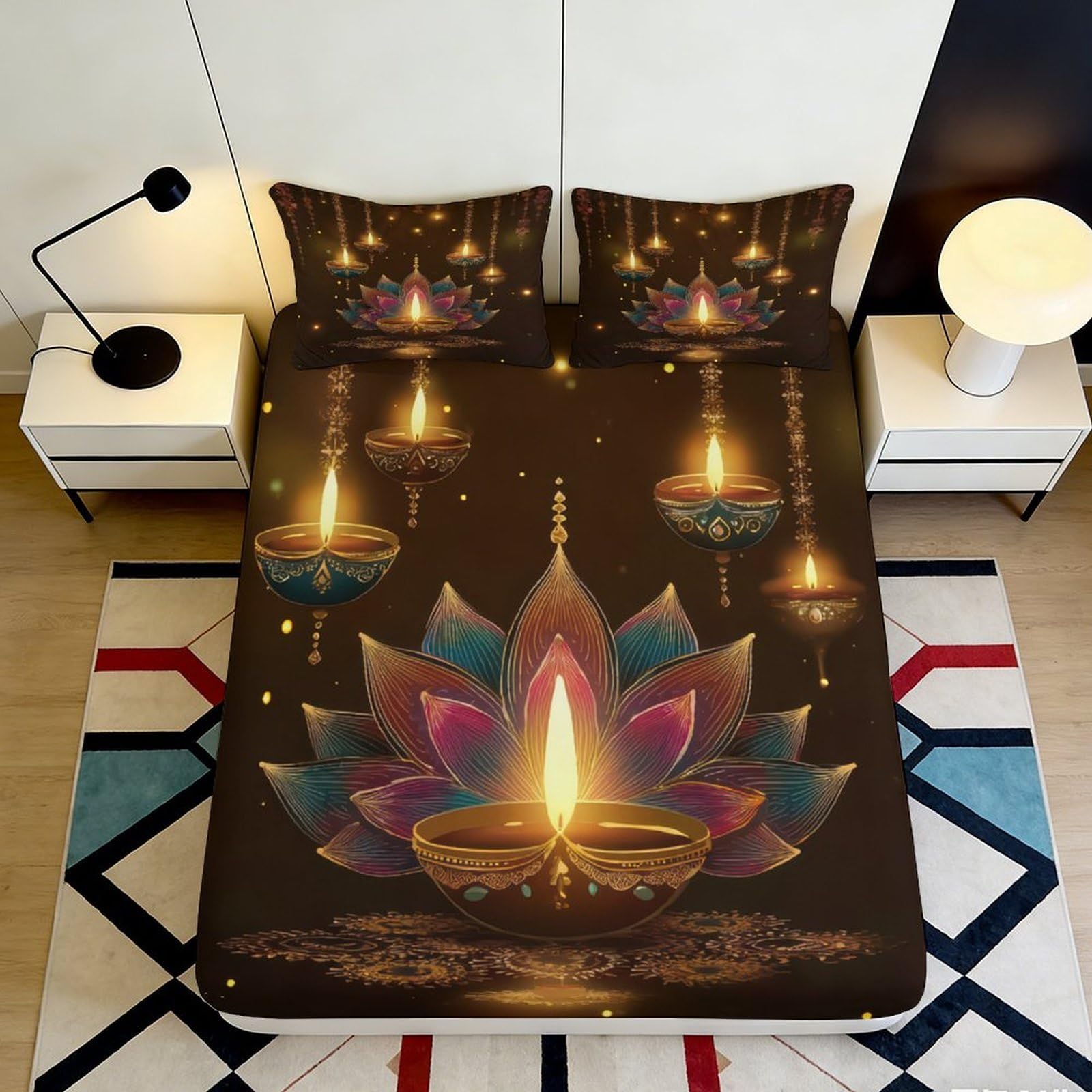 3D Printed Lotus Candlelight Fitted Sheet Microfiber Bed Cover Brown Mandala Decor for Bedroom Guest Room Dorm 90x200x25cm