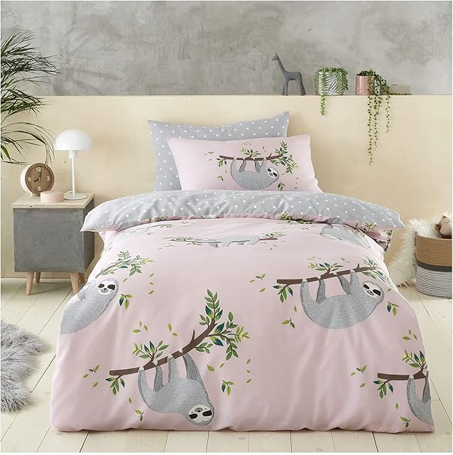 FAIRWAYUK Kids Bedding Set - Sloth Duvet Cover Single Bed with Matching Pillowcase, Ultra Soft Reversible Animal Printed Quilt Covers, Blush Pink, 137x200cm, Boys Bedroom Accessories