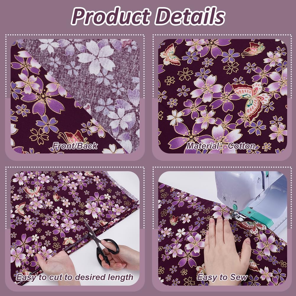 FINGERINSPIRE Purple Japanese Printed Fabric 39.4x59Inch Japanese Style Fat Quarters Bundles Fabric Sakura Printed Cotton Sewing Fabrics for Kimono Cheongsam Curtain(Butterfly,Hot Stamping)