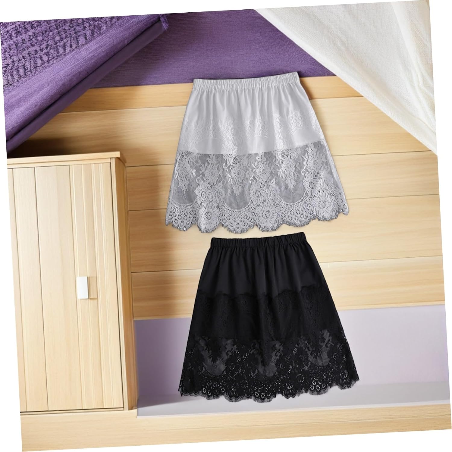 NOLITOY 2pcs Women Layering Shirt Mini Underskirt for Breathable Stretchy Waist Elegant Lace Hemlines for Casual Outfits