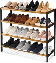 Neo 4-Tier Bamboo Shoe Rack Wooden Shoe Storage Organiser Shelf for Hallway, Entrance Living Room 67 x 70 x 25cm (Black/Natural)