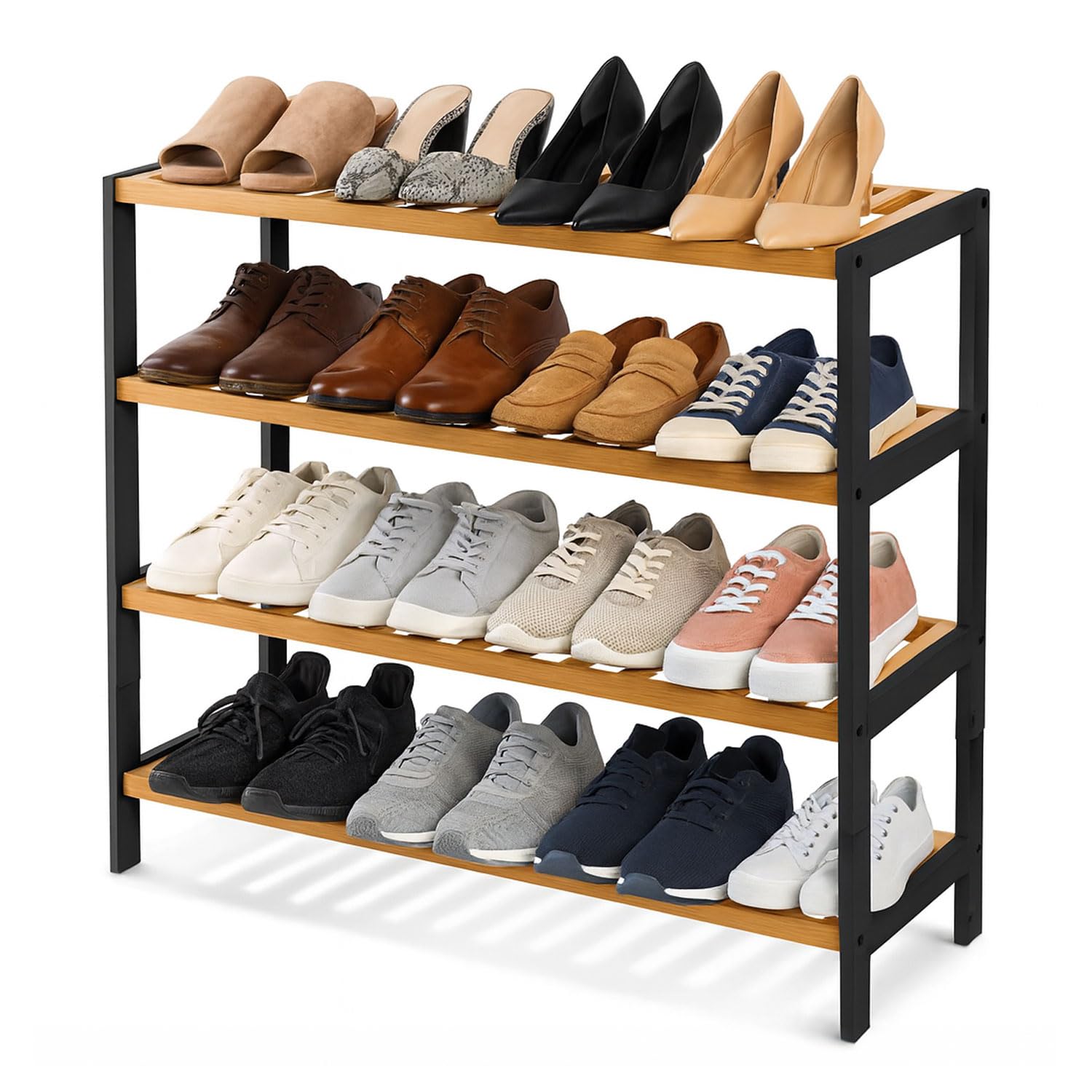 Neo 4-Tier Bamboo Shoe Rack Wooden Shoe Storage Organiser Shelf for Hallway, Entrance Living Room 67 x 70 x 25cm (Black/Natural)