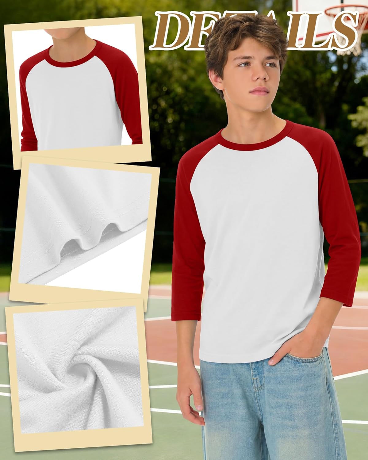 3 Pack Boy's Baseball Shirts 3/4 Sleeve Raglan Crew Neck Tops Athletic Casual Jerseys 5-14 Old
