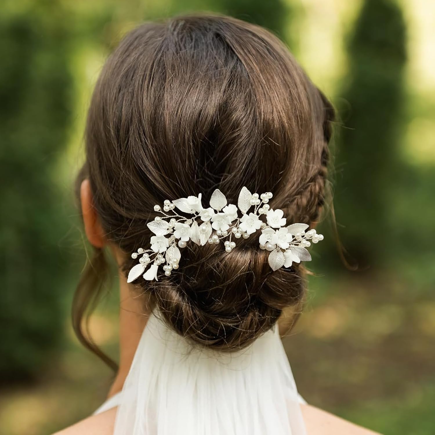White Flower Hair Piece for Wedding Bridal Pearl Silver Leaf Floral Hair Vine Comb Accessories for Women Girls - Image 3