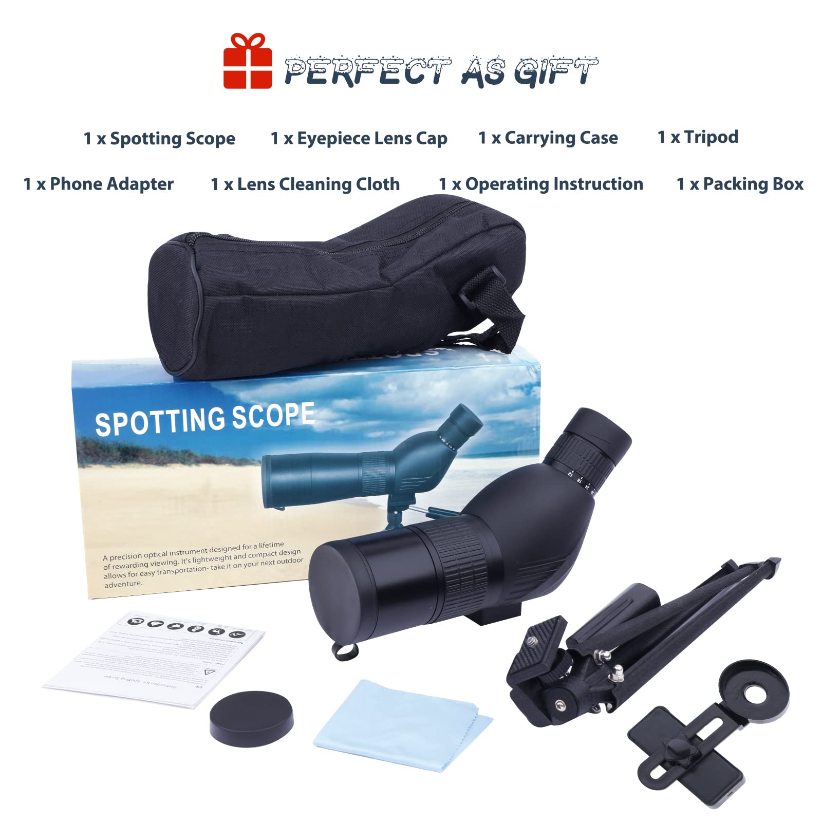 Telescopio Terrestre 12-36x50 HD con Trípode, Bolsa de Transporte y Adaptador de Teléfono Inteligente para Observación de Aves, Observación de Estrellas, Tiro con Arco, Paisaje de Vida Silvestre