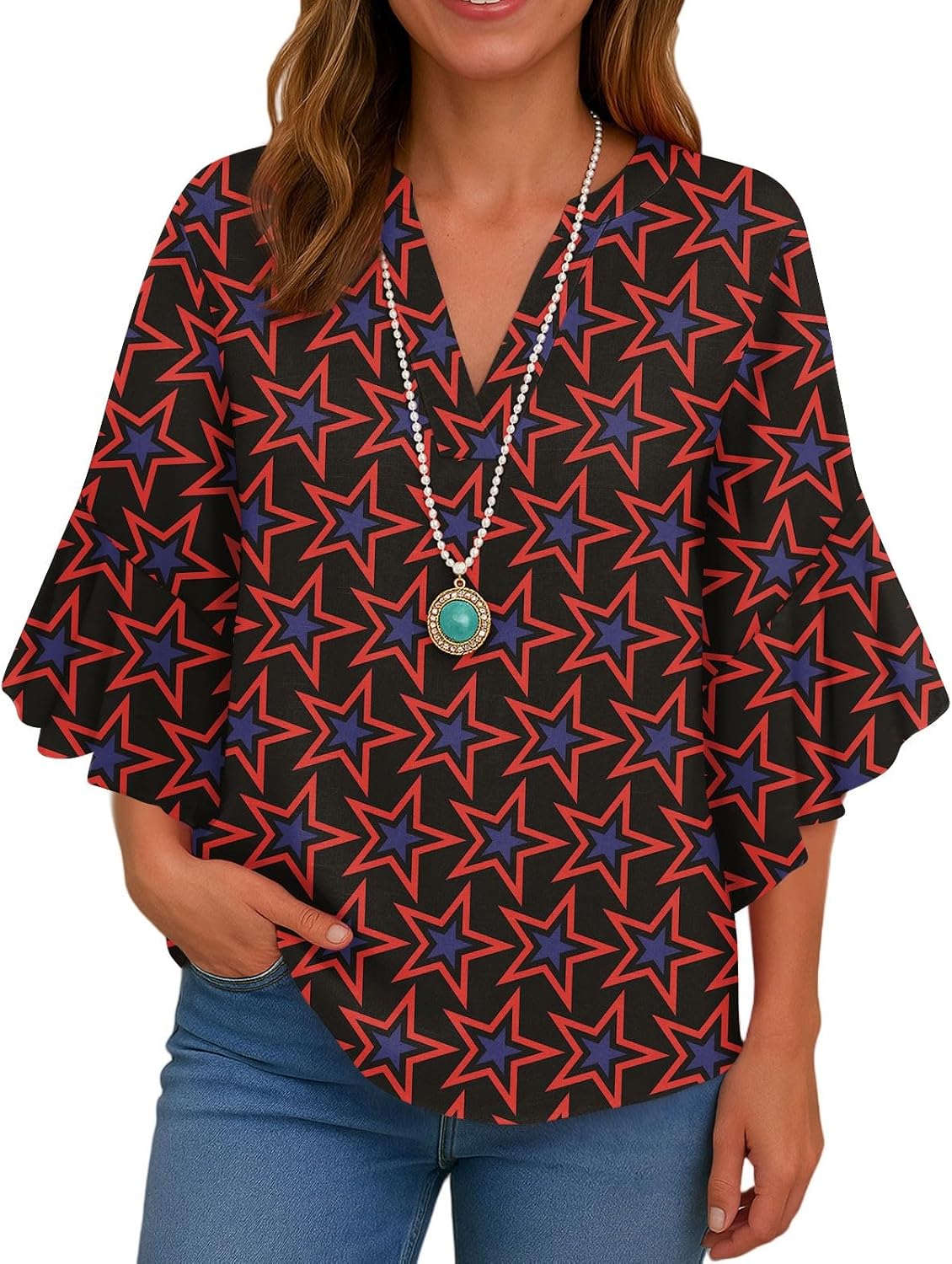 Women's American Flag Shirt, 250Th Anniversary USA Shirt, 3/4 Sleeve V Neck Patriotic Tops, S-2XL