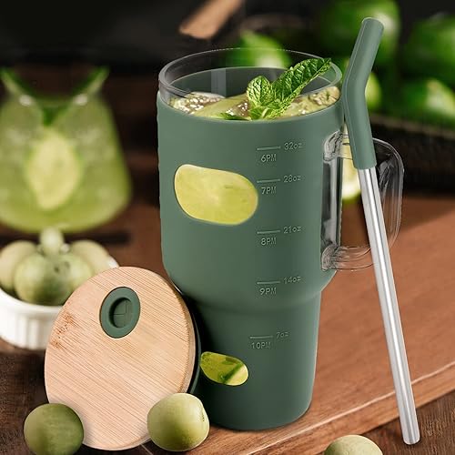 Miniatura 6 de Vaso de vidrio de 32 onzas  Vaso con tapa de bambú y popote  Vaso de café reutilizable con funda de silicona, vaso para batidos Boba  sin BPA