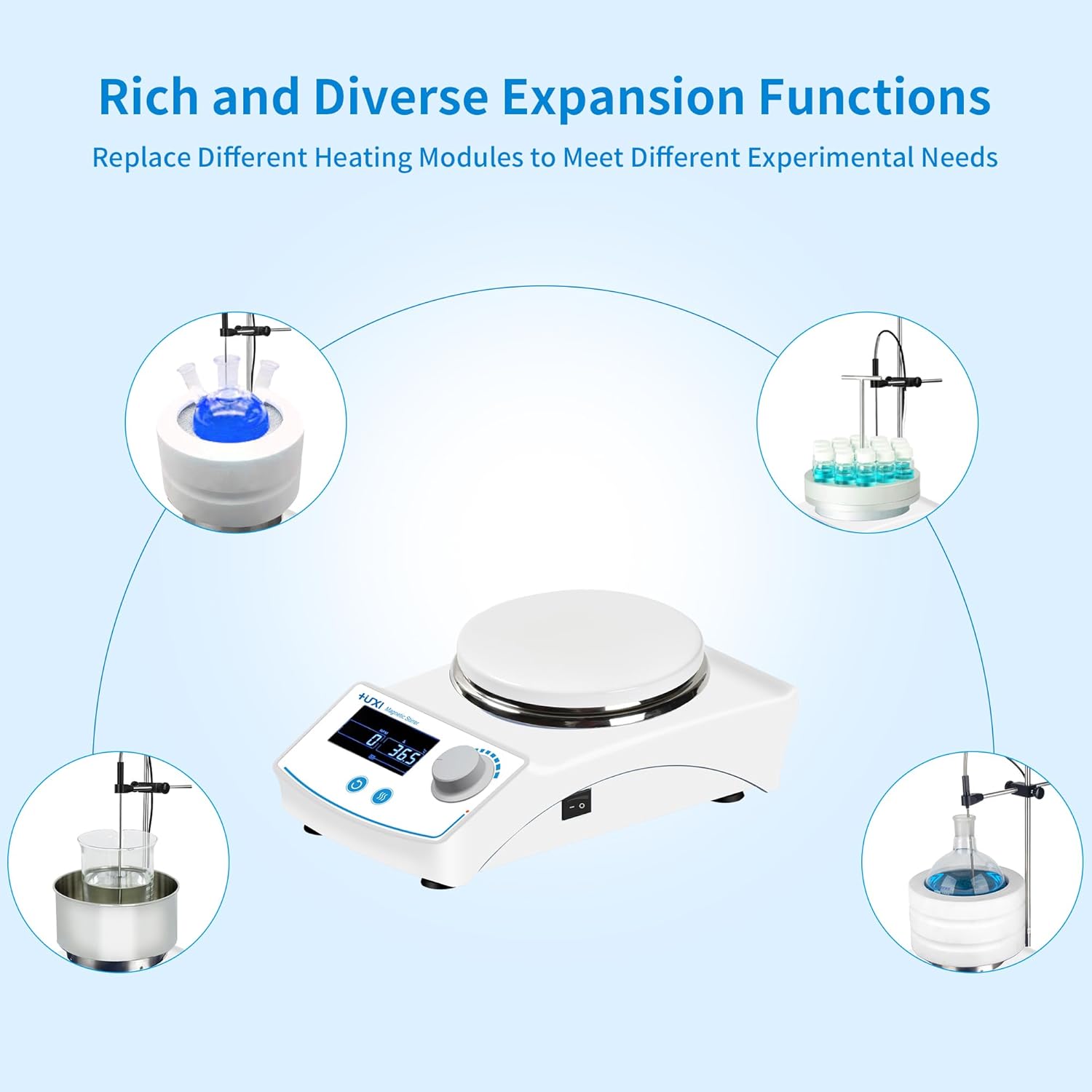 +UXI Magnetic Stirrer Hot Plate LCD Screen RT+5~350? Speed Range 100-2000rpm Maximum Processing Capacity 20L Time Setting Range 0-99h59min with 2 Stirring Bars 110V (LCD scrren)