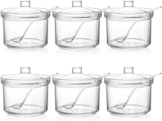 ZEAYEA 6-Pack Clear Acrylic Sugar Bowls 14oz with Lids & Spoons - Condiment Pots for Kitchen, Coffee Bar, Parties
