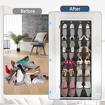 Over Door Shoe Storage Organiser(24 Mesh Pockets), Hanging Shoe Storage | Wardrobe Storage Organiser with 4 Hooks, Multifunctional Hanging Storage Organiser, Behind Door Storage for Bedroom