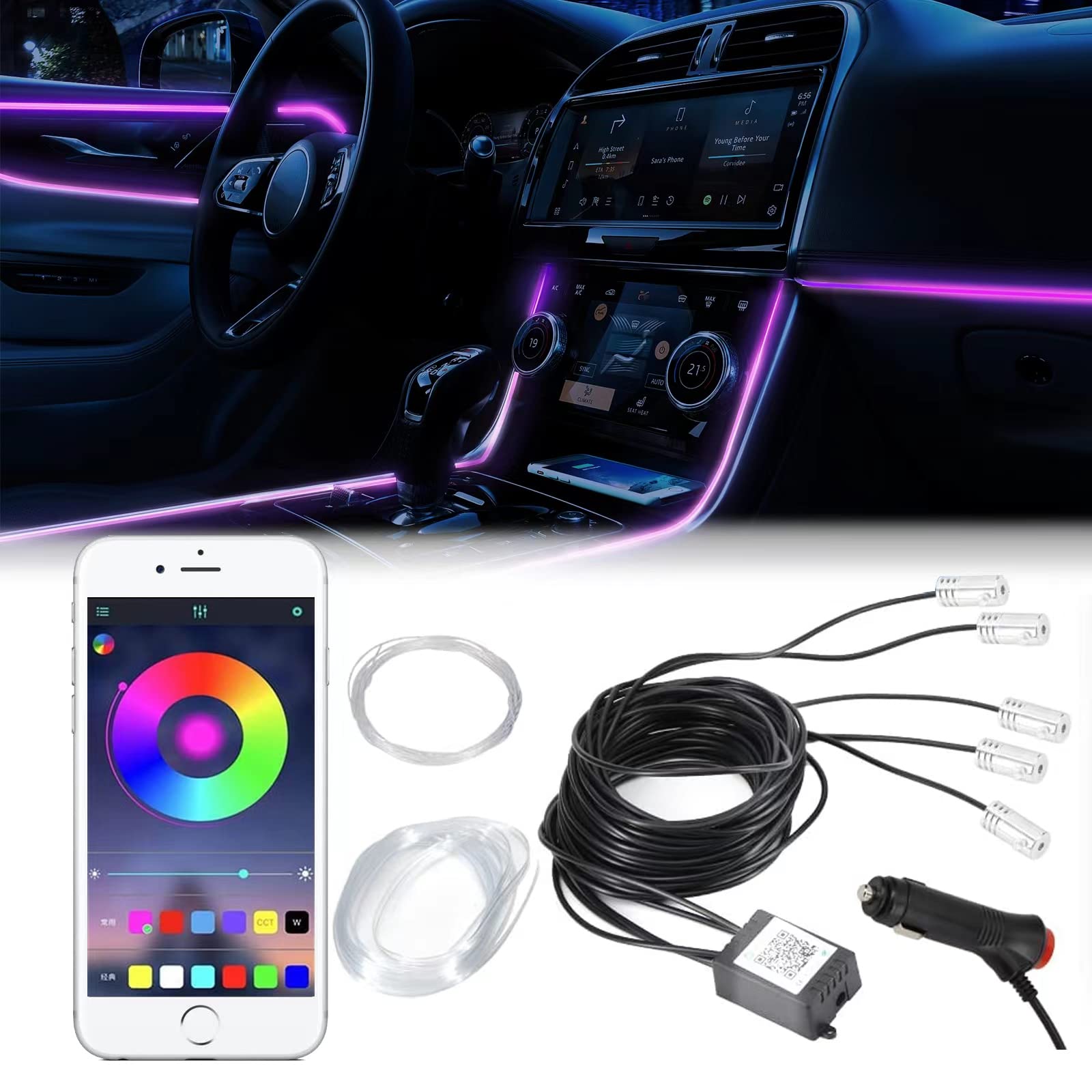 Car LED Interior Strip Lights RGB Multicolor Ambient Lighting Kits 5 in 1 with 315 inches Fiber Optic APP Wireless Bluetooth Control Car Neon Light Kit, Music Sync and Sound Active Function