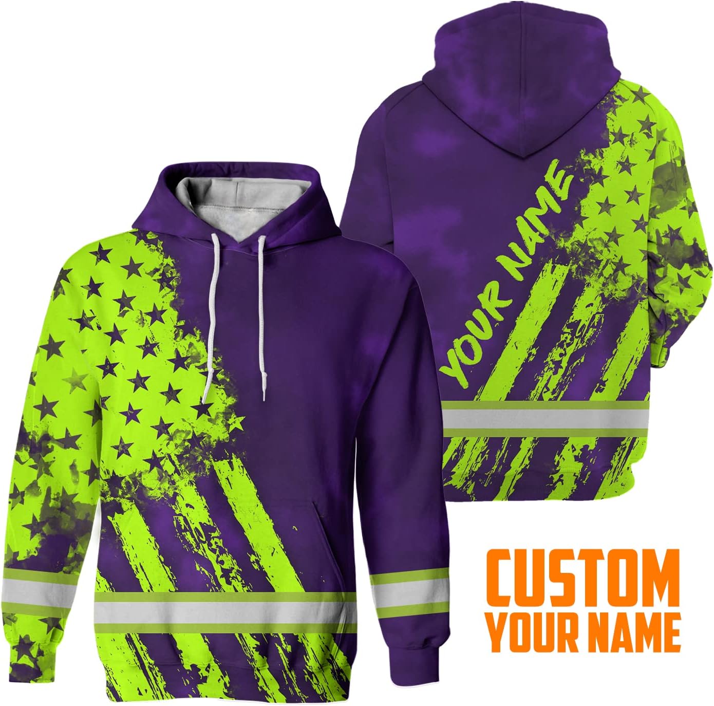 Tie Dye US Flag High Visibility Hoodie For Men Reflective Hoodie Safety Workwear For Workers Runners Patriotic - Image 3