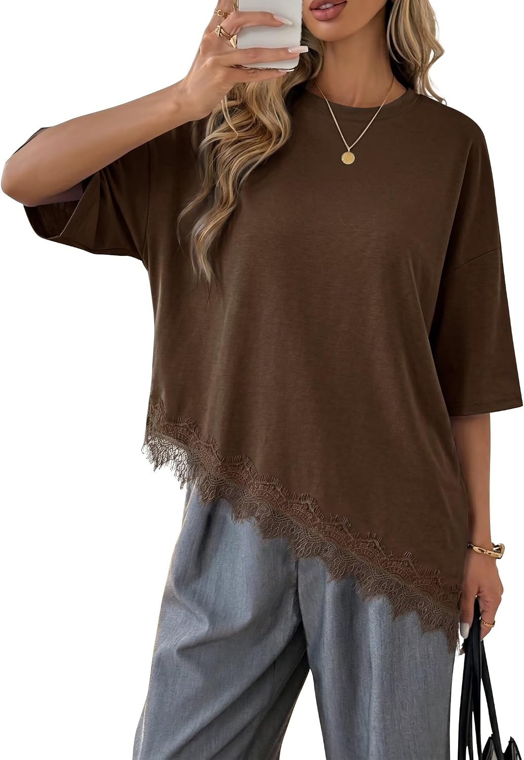 Falechay Womens Summer Tops Crewneck 3/4 Length Sleeve Shirts Lace Asymmetrical Trendy Blouses Dressy Casual Flowy Clothes