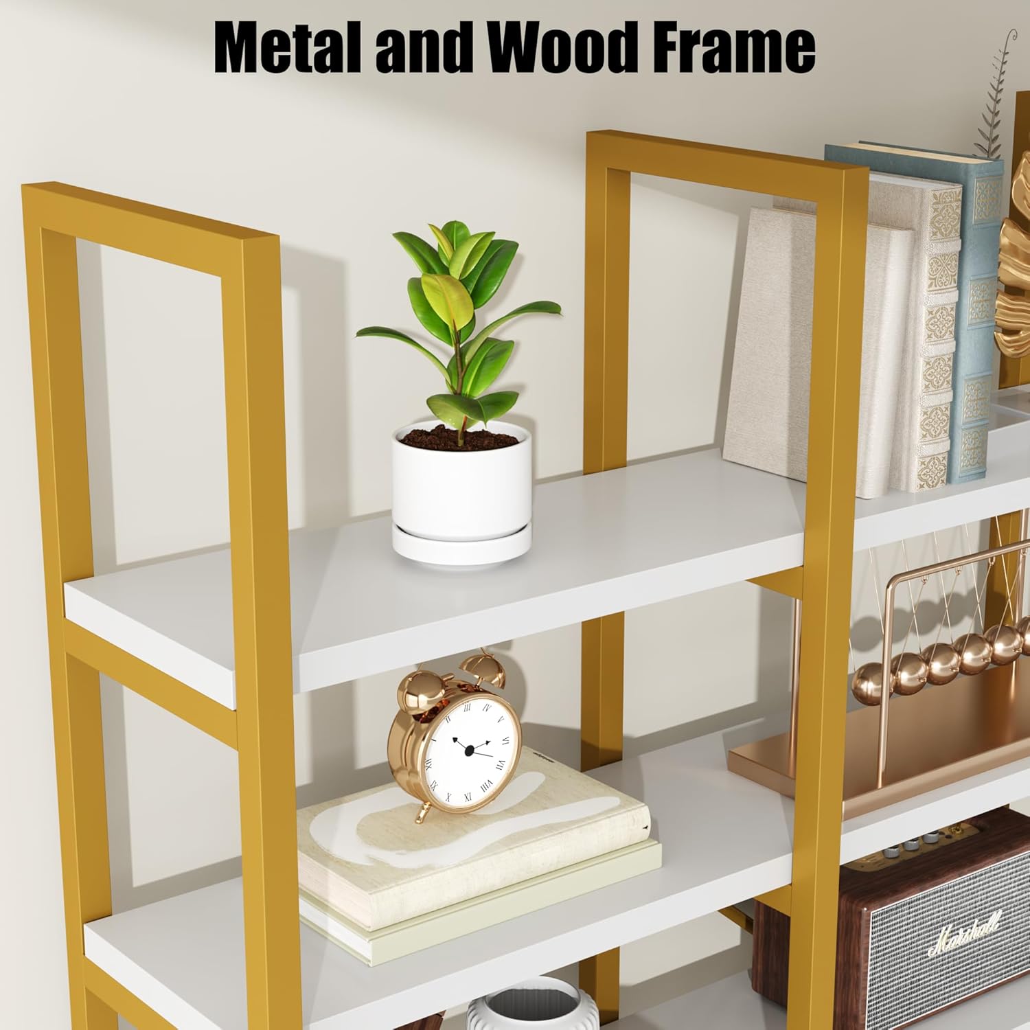 Semoic Large Bookshelf 5 Tiers, Triple Wide Geometric Bookcase, 71 Inches Tall Industrial Book Shelves Etagere Book Case, Sturdy Metal Frame, Freestanding Display Shelving Unit (Gold and White)