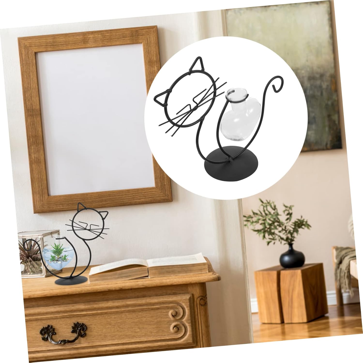 BESTOYARD 2pcs Cat Wrought Iron Vase Desktop Plant Terrarium Flowers Vase Air Plant Hanger Iron Art Frame Vases Cactus Decor Iron Succulent Terrarium Glass Simple Flower Arrangement, As Shownx2pcs