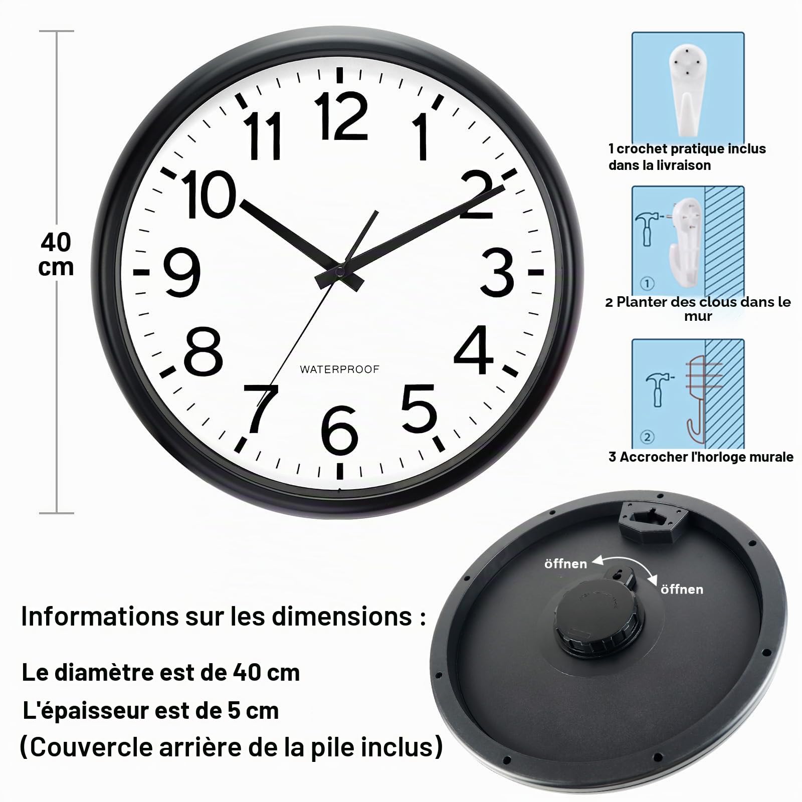 Horloge d'extérieur de 40 cm - Étanche - Résistante aux intempéries - Grande horloge murale silencieuse - Fonctionnement à piles - Pour extérieur, piscine, balcon, salle de bain - Noir
