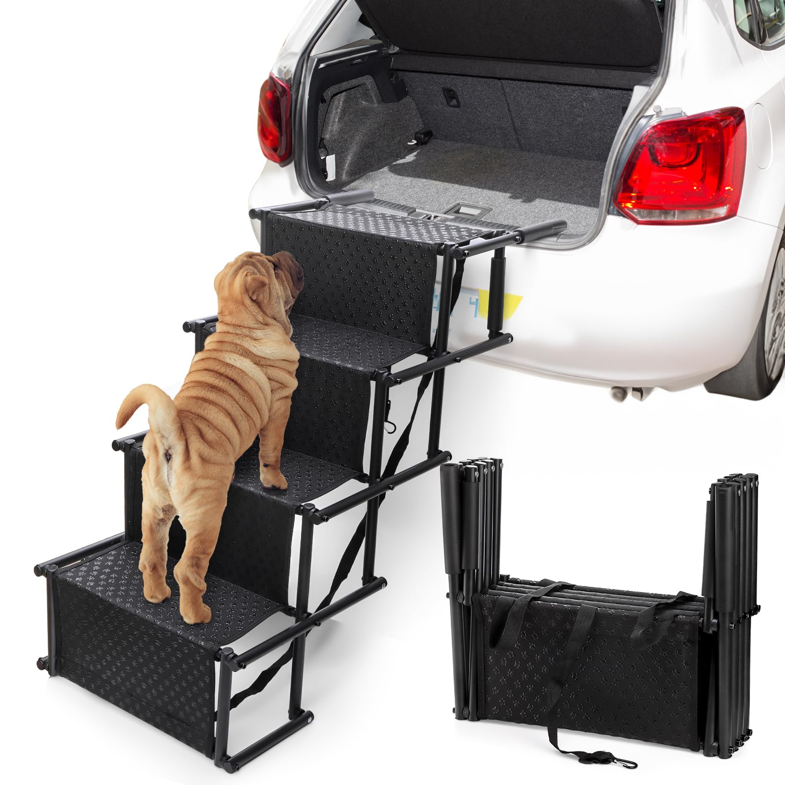 Hacaroa Foldable Dog Car Steps for Large Dogs, 4 Steps Portable Pet Stair Ramp with Non-Slip Surface, Lightweight Dog Ladder for Truck, SUV, Supports up to 170 lbs, Metal Frame