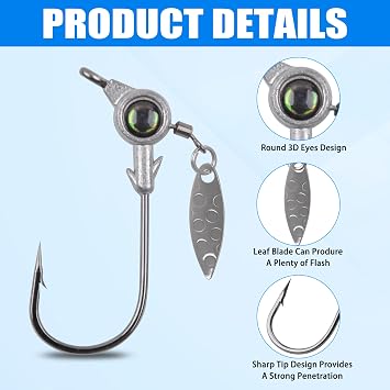 Underspin Jig Heads,12/15pcs Swimbait Jig Heads Fishing Hooks with Underspin Spinner Blades 3D Eyes Swim Bait Crappie Jigs for Bass Fishing Saltwater Freshwater