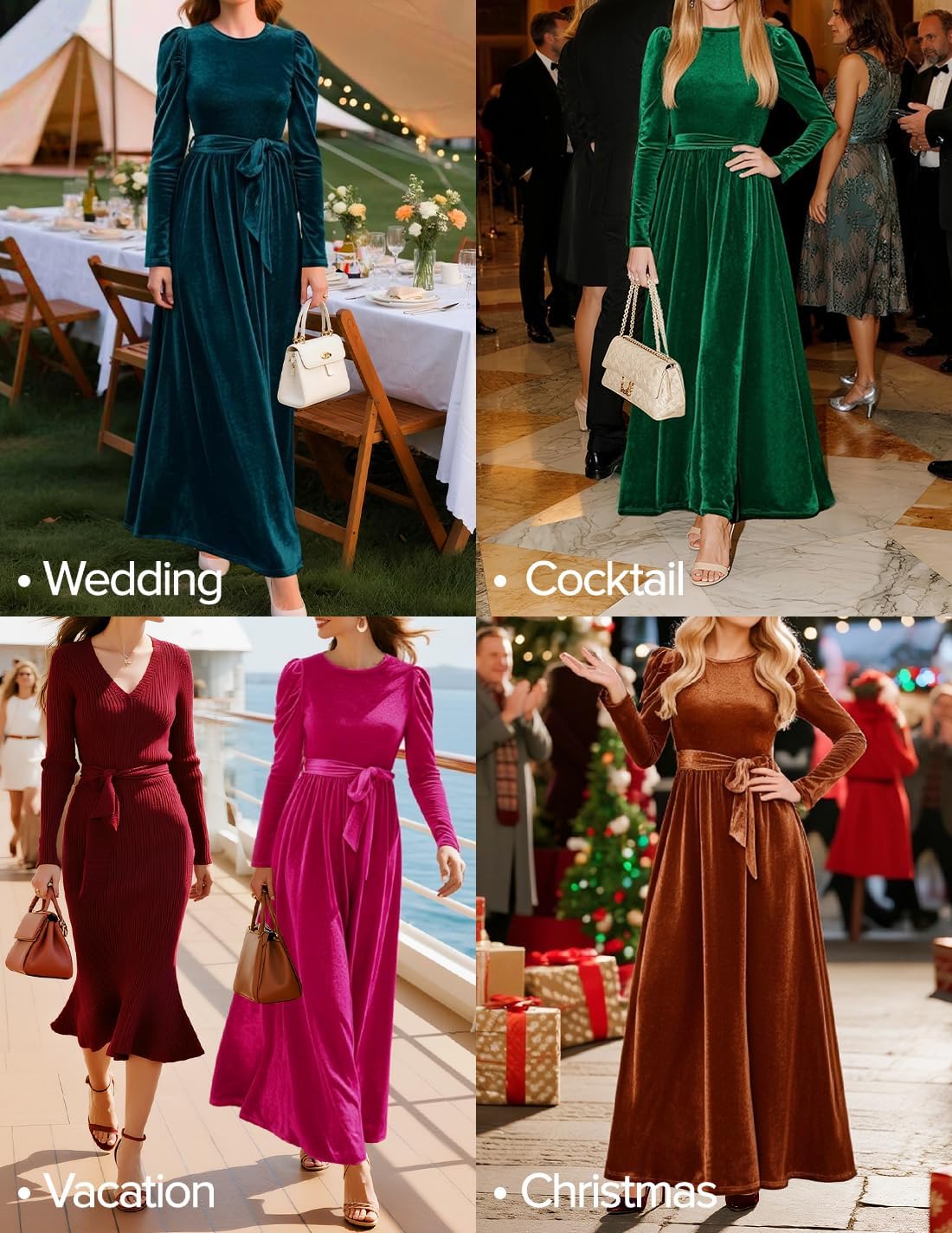 ZESICA Women's Velvet Maxi Dress Fall 2026 Long Puff Sleeve Crew Neck Elastic High Waist Cocktail Party Bridesmaid Dresses - Image 5