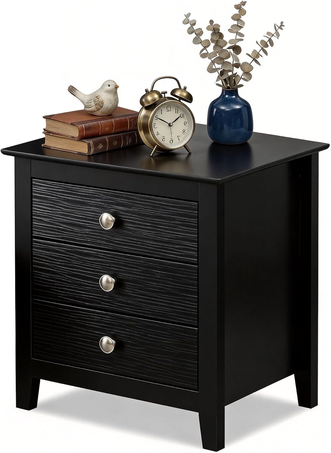 KOMFOTT Modern Farmhouse Nightstand with 3 Drawers, Bedside Table with Wood Grain Fronts & Sleek Knobs, Wooden End Table Sofa Side Table for Bedroom Small Spaces (Black,1)