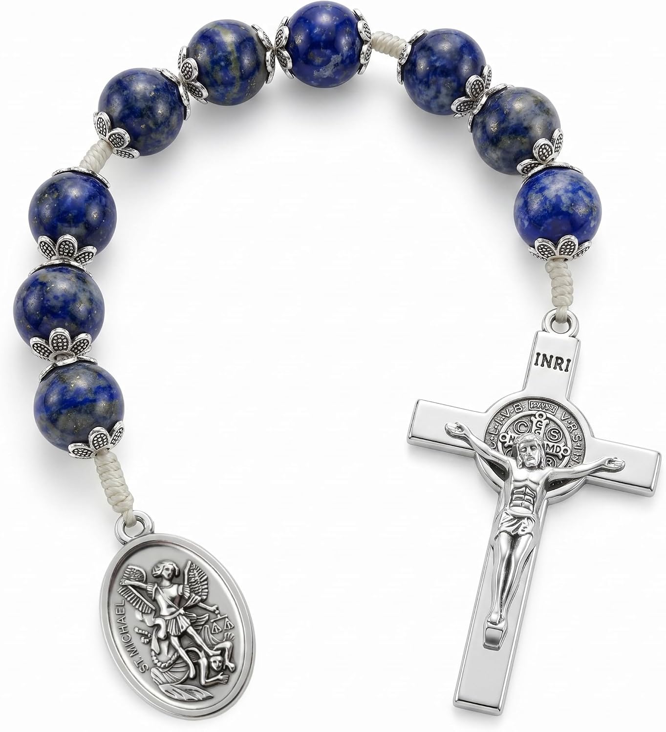 TALISMAN4U Catholic Pocket Rosary 10mm Natural Stone Beads St Michael Medal | 9 Prayer Beads Chaplet, St Benedict Crucifix, Guardian Angel, Holy Land Gift, Velvet Pouch