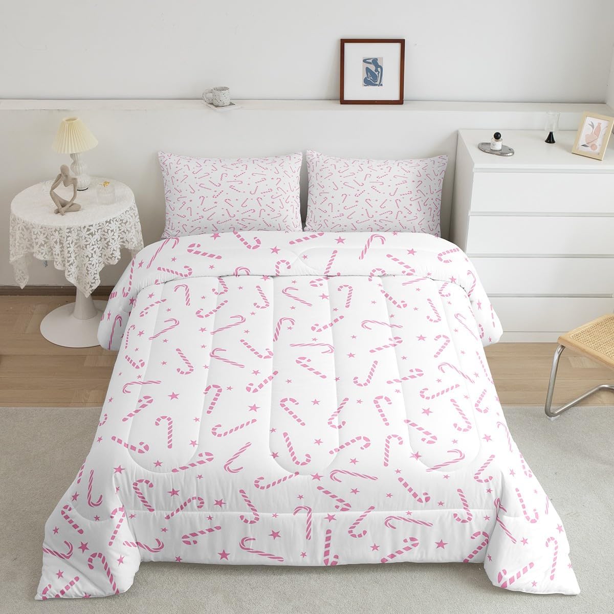Pink Christmas Comforter Set for Girls, Cartoon Christmas Candy Cane Bedding Set for Teenage Children, Xmas Decorations Bedding Comforter Sets, Pink White Reversible Duvet Insert, Full Size