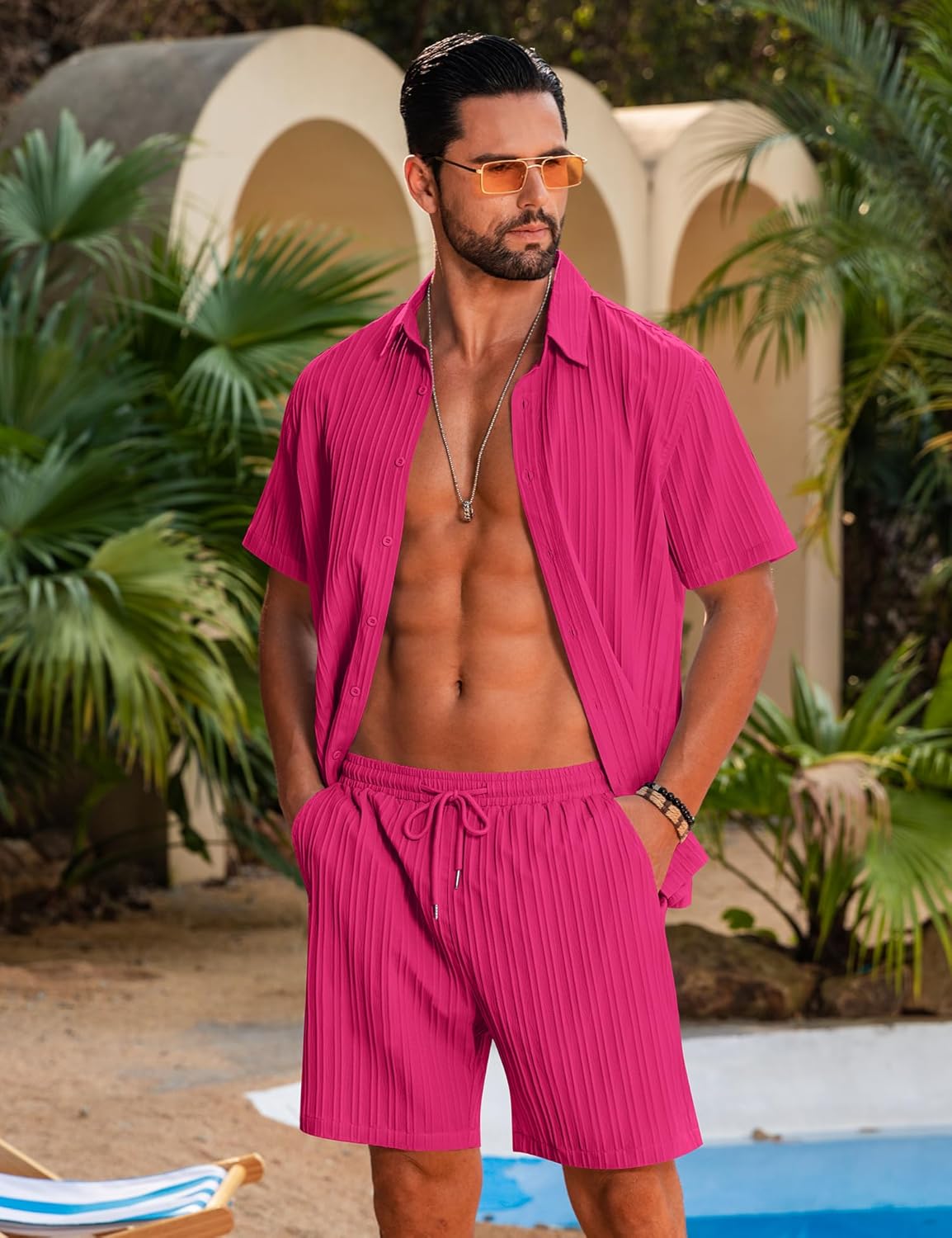 LecGee Men's 2 Piece Vertical Striped Textured Outfits Summer Casual Button Down Shirts and Shorts Matching Sets