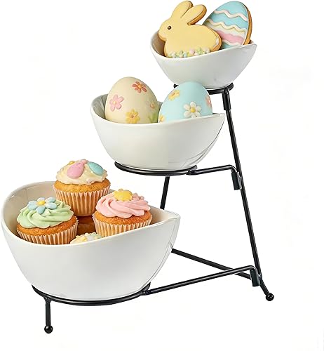 LYEOBOH Juego de cuencos de servir de 3 niveles con soporte plegable de metal más grueso, platos de servir ovalados para entretenimiento, soporte