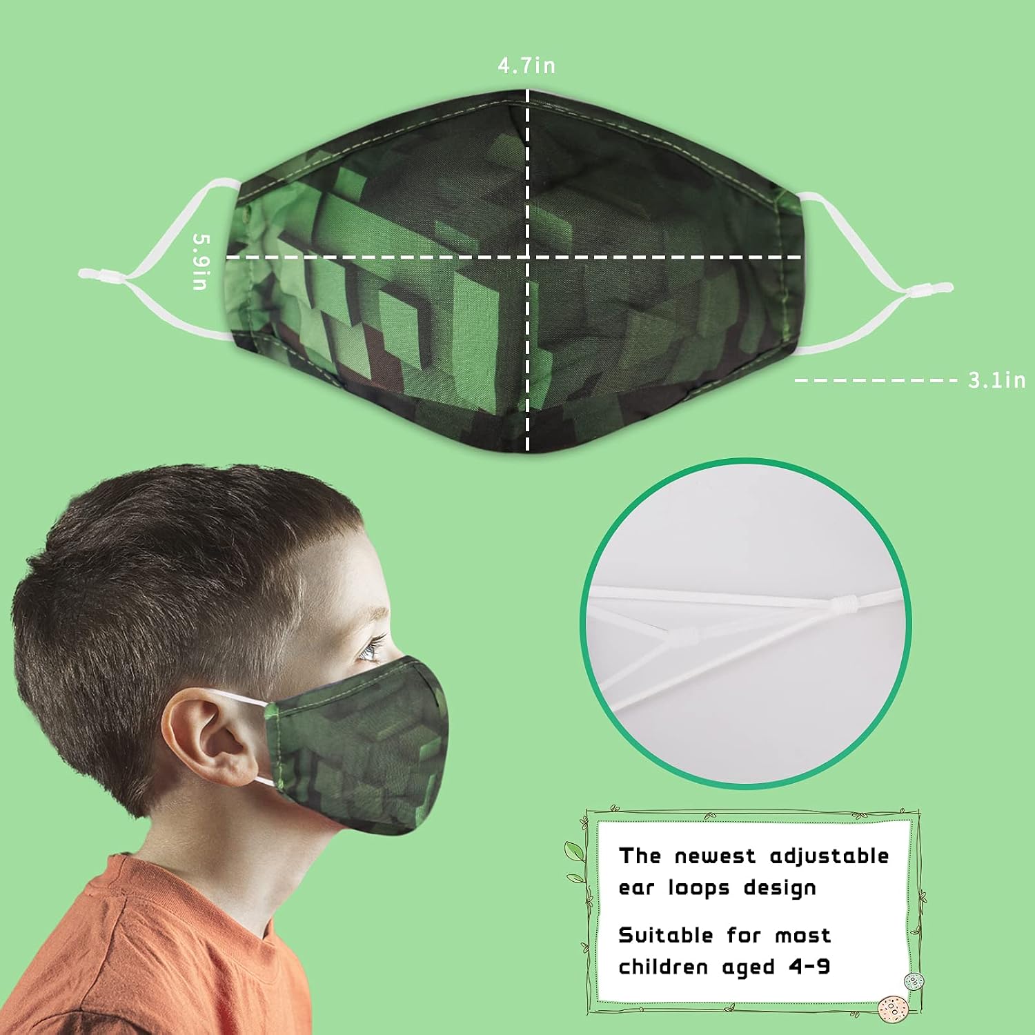 Washable Reusable Kids Face Mask with Adjustable Ear Loops for Girl Boy Gift