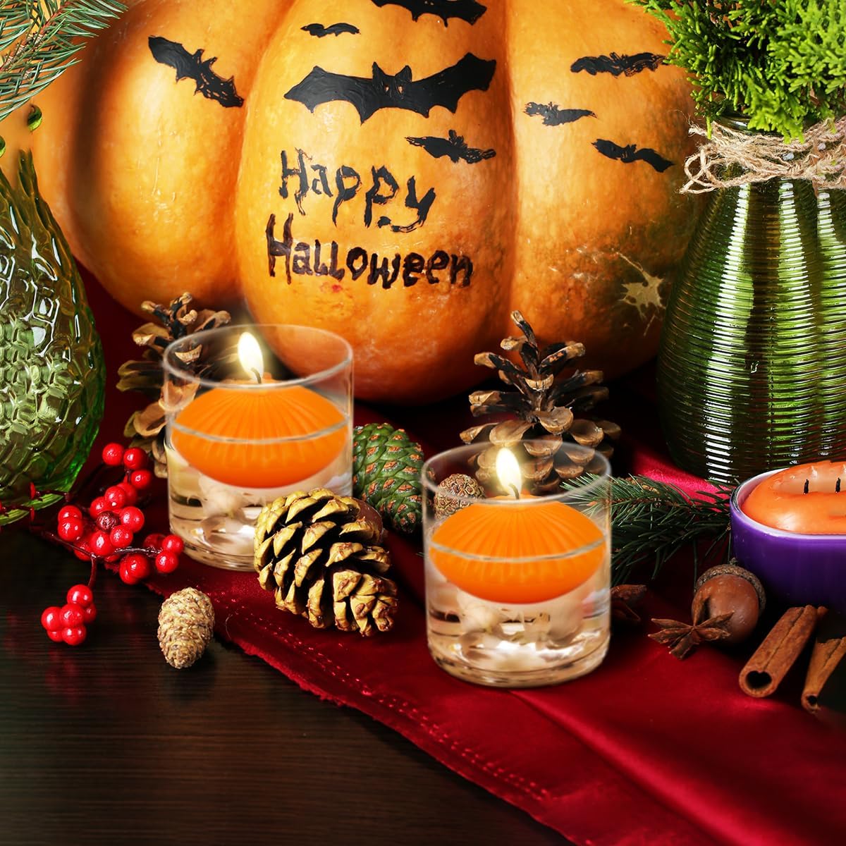 12 Pack 3 Inch Orange Floating Candles, 10 Hour Unscented Tealight Candles for Cylinder Vases, Centerpieces at Fall Halloween Harvest - Wavy Float Candle