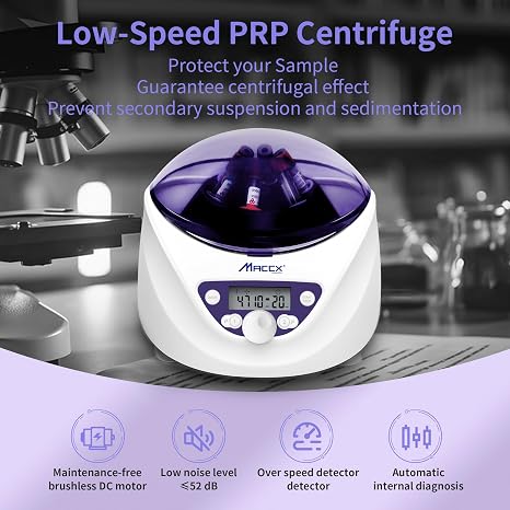 Lab PRP Benchtop Centrifuge Machine, Speed Range from 300-5000RPM, Rotor for 1.5-5mL/7mL/10mL/15mL/ x6 Tubes, Max. RCF 2600xg Low Speed PRF Benchtop Centrifuge, CEN-001