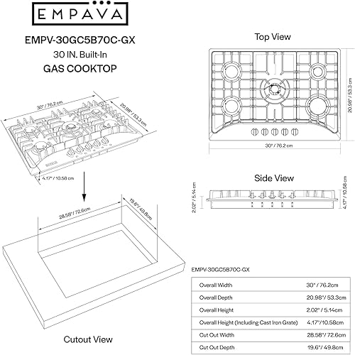 Vista 7 de Empava Placa de cocina de gas de 30 pulgadas con 5 quemadores sellados Italia Sabaf NG/LPG Convertible en acero inoxidable modelo 2020, 30 pulgadas