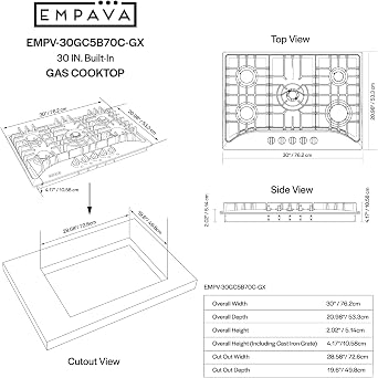 Empava 30 Inch Gas Cooktop with 5 World Class Made in Italy SABAF Burners, LPG/NG Convertible, Ideal RV Top Stoves for Kitchen, Stainless Steel