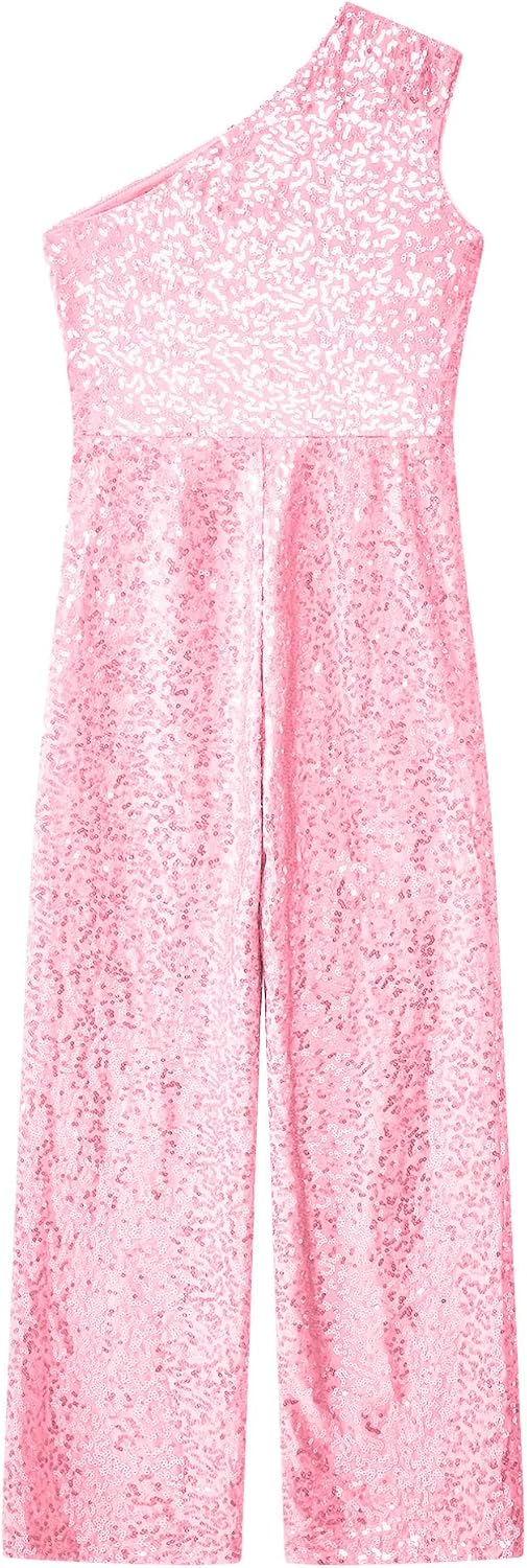 FEESHOW Kids Girls Sequin Sleeveless Jumpsuit One Shoulder Formal Party Romper Wild Leg Pants Disco Dance Prom Leotard